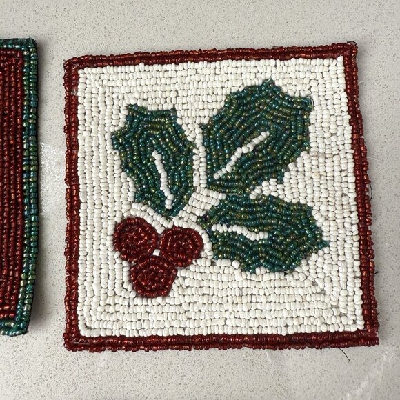 Crate & Barrel Set Of 4 Beaded Coasters Christmas Holiday 4” Square Fabric Back - Picture 5 of 7